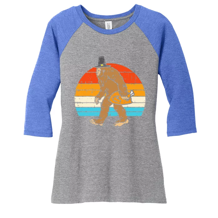 Pilgrim Bigfoot Sasquatch Turkey Funny Thanksgiving Women's Tri-Blend 3/4-Sleeve Raglan Shirt