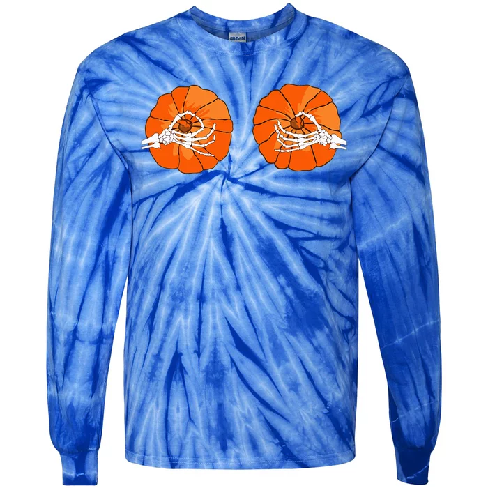 Pumpkin Boobs Skeleton Hands Halloween Bikini Costume Tie-Dye Long Sleeve Shirt