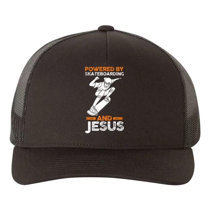 Powered by skateboarding and jesus Yupoong Adult 5-Panel Trucker Hat