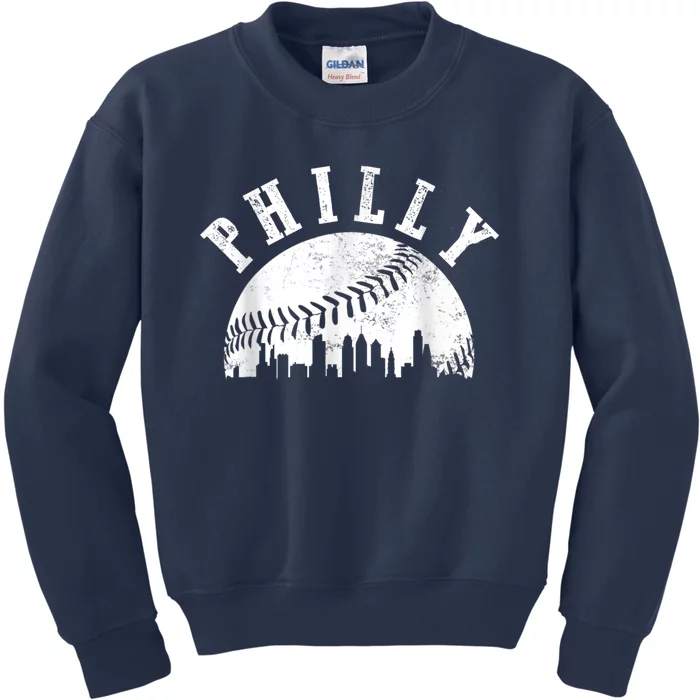 Philly Baseball Sports Skyline Illustration Cityscape Kids Sweatshirt