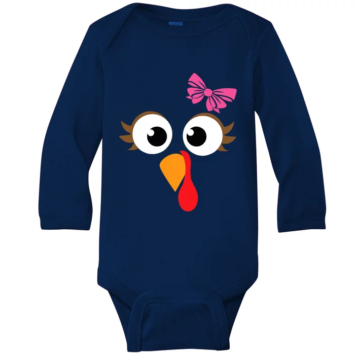 Pink Bow Thanksgiving Turkey Face Gift Baby Long Sleeve Bodysuit