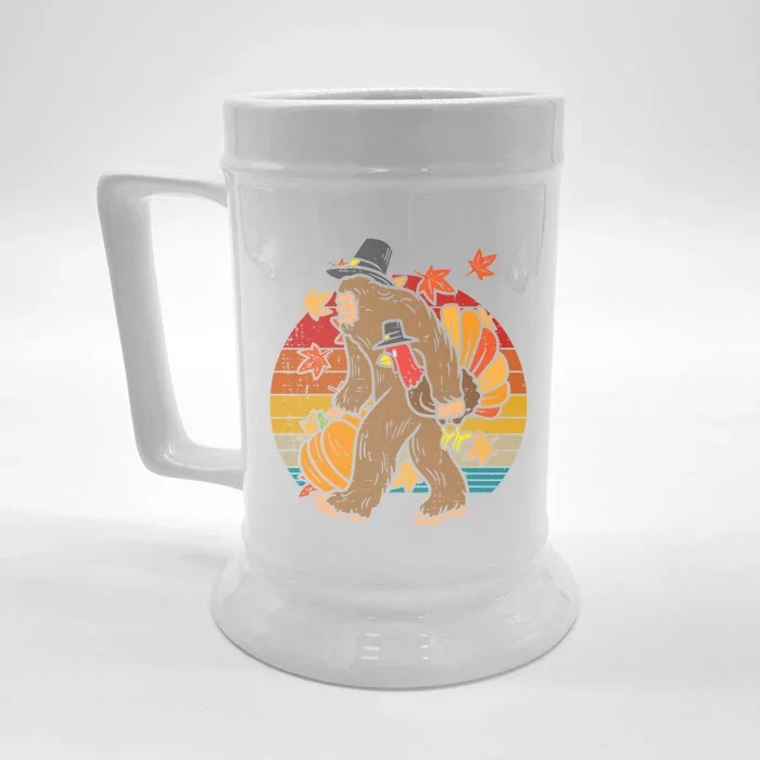 Pilgrim Bigfoot Turkey Retro Thanksgiving Sasquatch Gift Front & Back Beer Stein