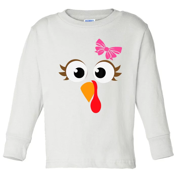 Pink Bow Thanksgiving Turkey Face Girl Toddler Long Sleeve Shirt