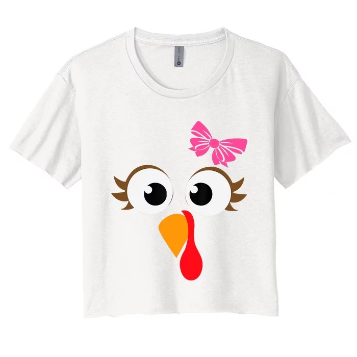 Pink Bow Thanksgiving Turkey Face Girl Women's Crop Top Tee