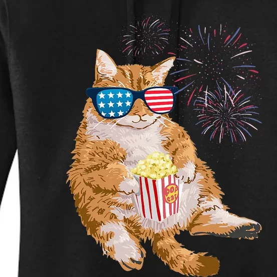 Patriotic Cat 4th of July USA American Flag Women's Pullover Hoodie