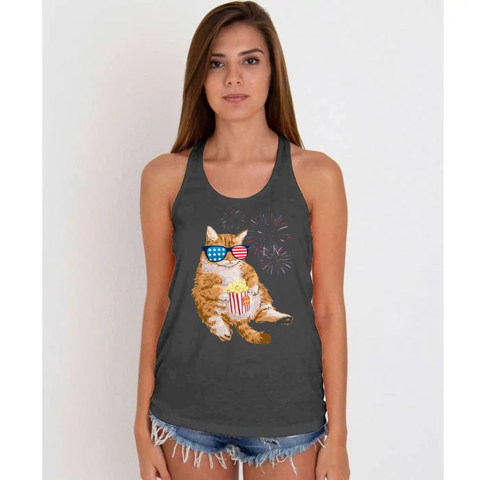 Patriotic Cat 4th of July USA American Flag Women's Knotted Racerback Tank