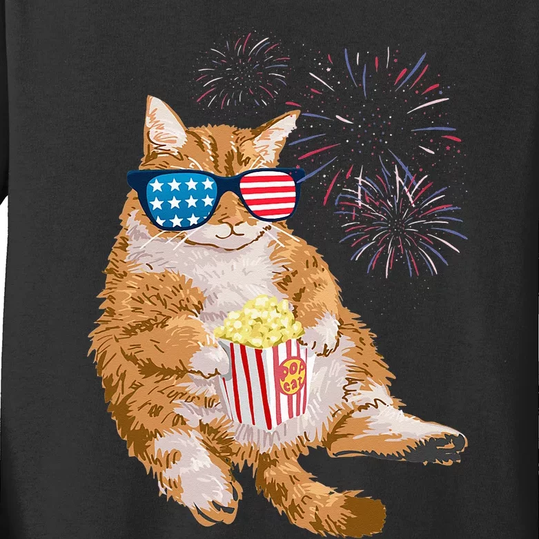 Patriotic Cat 4th of July USA American Flag Kids Long Sleeve Shirt