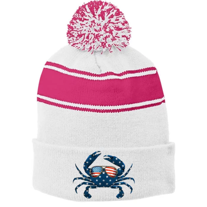 Patriotic Crab 4th Of July Usa Crustacean Seafood Crabbing Stripe Pom Pom Beanie