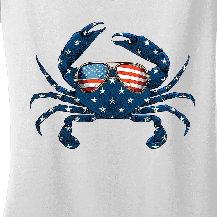 Patriotic Crab 4th Of July Usa Crustacean Seafood Crabbing Women's V-Neck T-Shirt