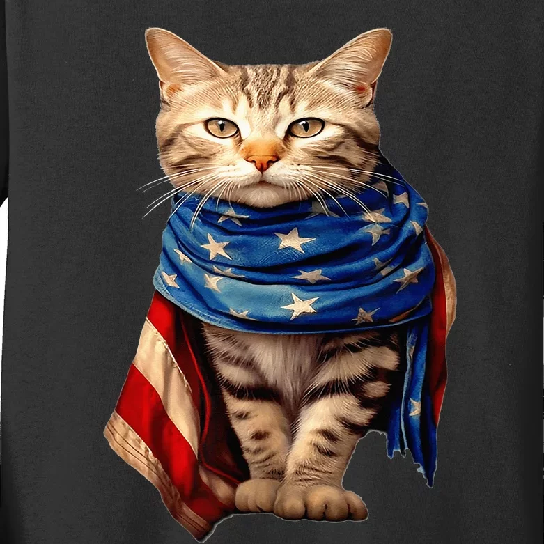 Patriotic Cat 4Th Of July USA American Flag Kids Long Sleeve Shirt