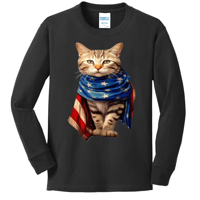 Patriotic Cat 4Th Of July USA American Flag Kids Long Sleeve Shirt