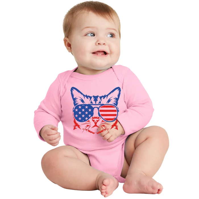 Patriotic Cat 4th Of July Meowica American Flag Sunglasses Baby Long Sleeve Bodysuit