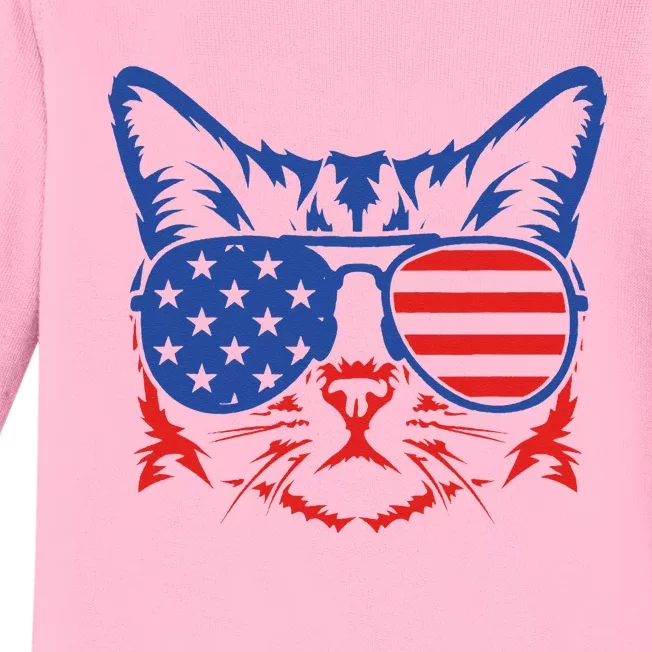 Patriotic Cat 4th Of July Meowica American Flag Sunglasses Baby Long Sleeve Bodysuit