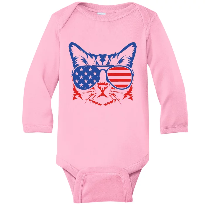 Patriotic Cat 4th Of July Meowica American Flag Sunglasses Baby Long Sleeve Bodysuit