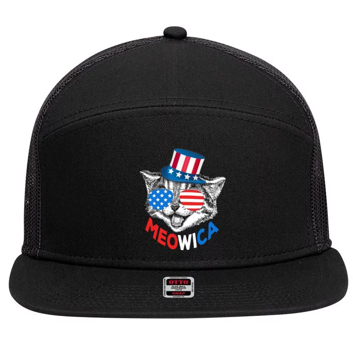 Patriotic Cat 4th of July American Flag Girl Meowica 7 Panel Mesh Trucker Snapback Hat