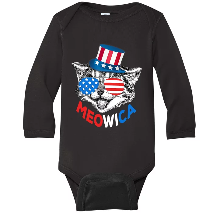 Patriotic Cat 4th of July American Flag Girl Meowica Baby Long Sleeve Bodysuit