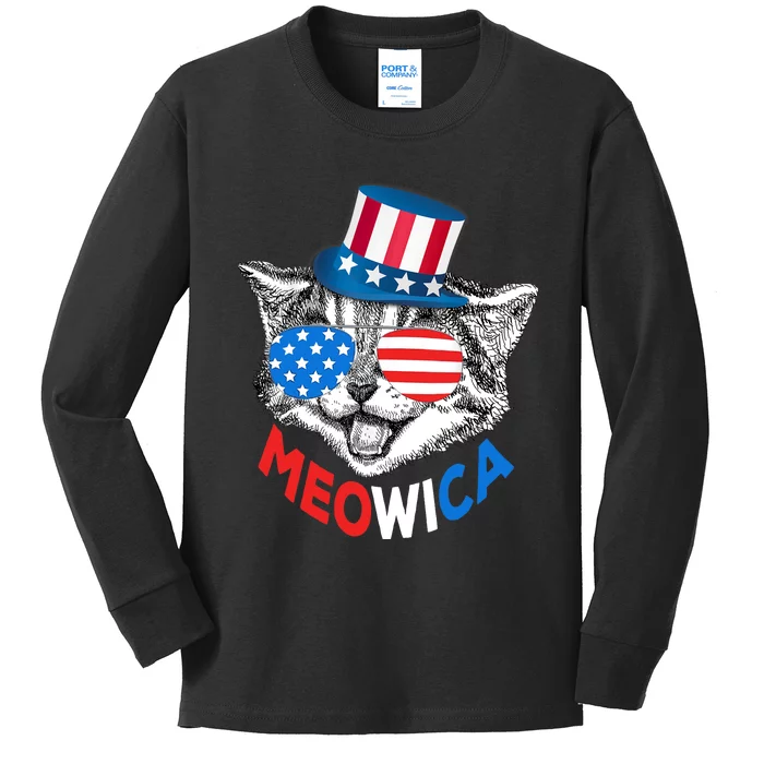 Patriotic Cat 4th of July American Flag Girl Meowica Kids Long Sleeve Shirt