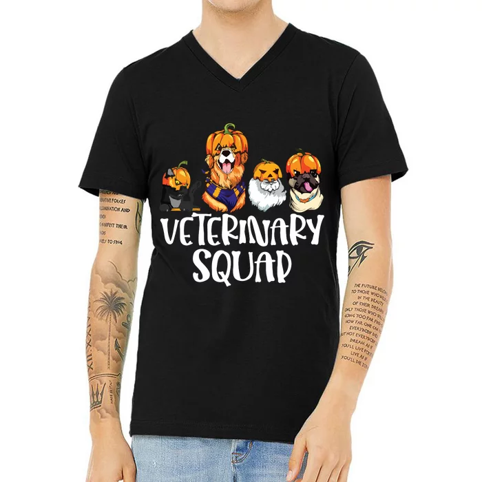 Pumpkin Cats And Dogs Fall Season Outfit Halloween Vet Squad V-Neck T-Shirt