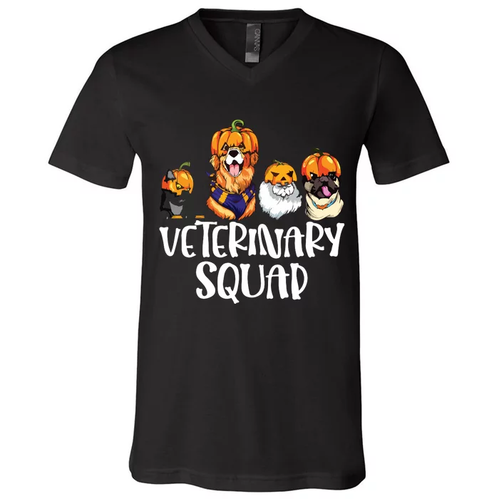 Pumpkin Cats And Dogs Fall Season Outfit Halloween Vet Squad V-Neck T-Shirt