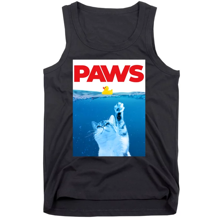 PAWS Cat And Yellow Rubber Duck Cute Kitten Funny Cat Parody Tank Top