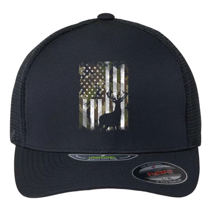 Patriotic Camo American Flag Deer Hunter Hunting Gift Flexfit Unipanel Trucker Cap