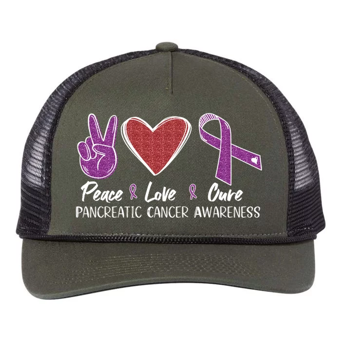 Pancreatic Cancer Awareness Peace Love Cure Ribbon Gift Retro Rope Trucker Hat Cap