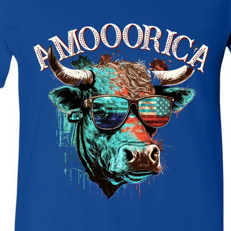 Patriotic Cow American Flag Bull 4th Of July Dairy Farmer Funny Gift V-Neck T-Shirt