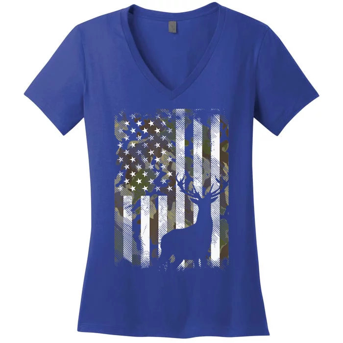 Patriotic Camo American Flag Deer Hunter Hunting Cute Gift Women's V-Neck T-Shirt