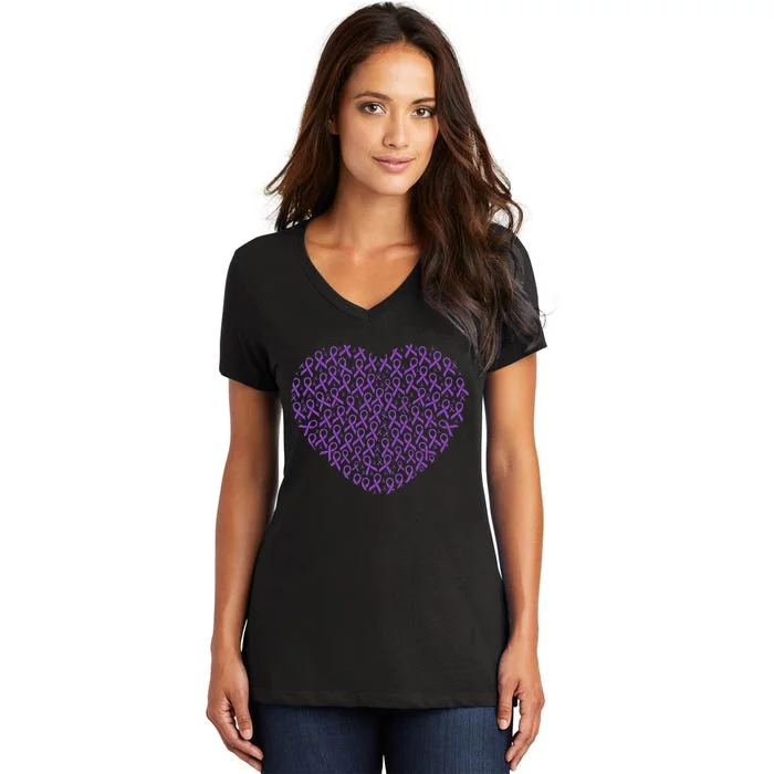 Pancreatic Cancer Awareness Purple Ribbon Heart Gift Support Women's V-Neck T-Shirt