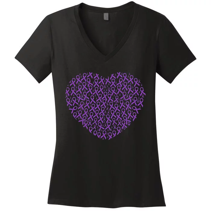 Pancreatic Cancer Awareness Purple Ribbon Heart Gift Support Women's V-Neck T-Shirt