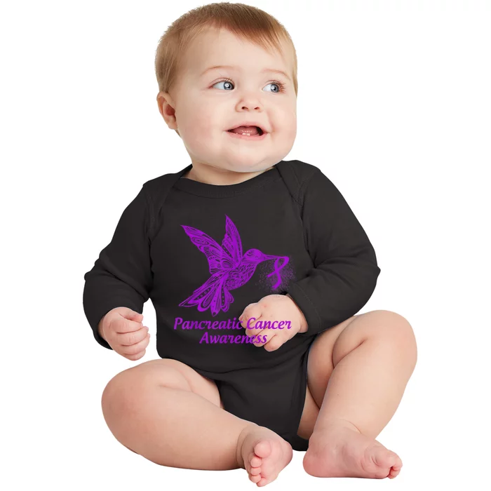 Pancreatic Cancer Awareness Hummingbird With Purple Ribbon Baby Long Sleeve Bodysuit