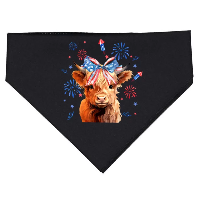 Patriotic Cute Animal Highland Cow 4th Of July America Flag Patriotic Cow Gift USA-Made Doggie Bandana