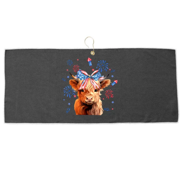 Patriotic Cute Animal Highland Cow 4th Of July America Flag Patriotic Cow Gift Large Microfiber Waffle Golf Towel