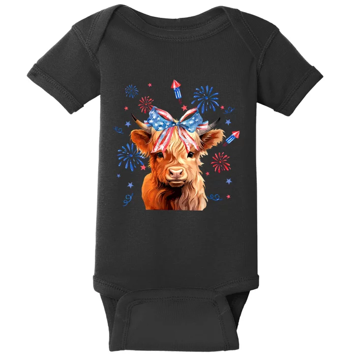 Patriotic Cute Animal Highland Cow 4th Of July America Flag Patriotic Cow Gift Baby Bodysuit