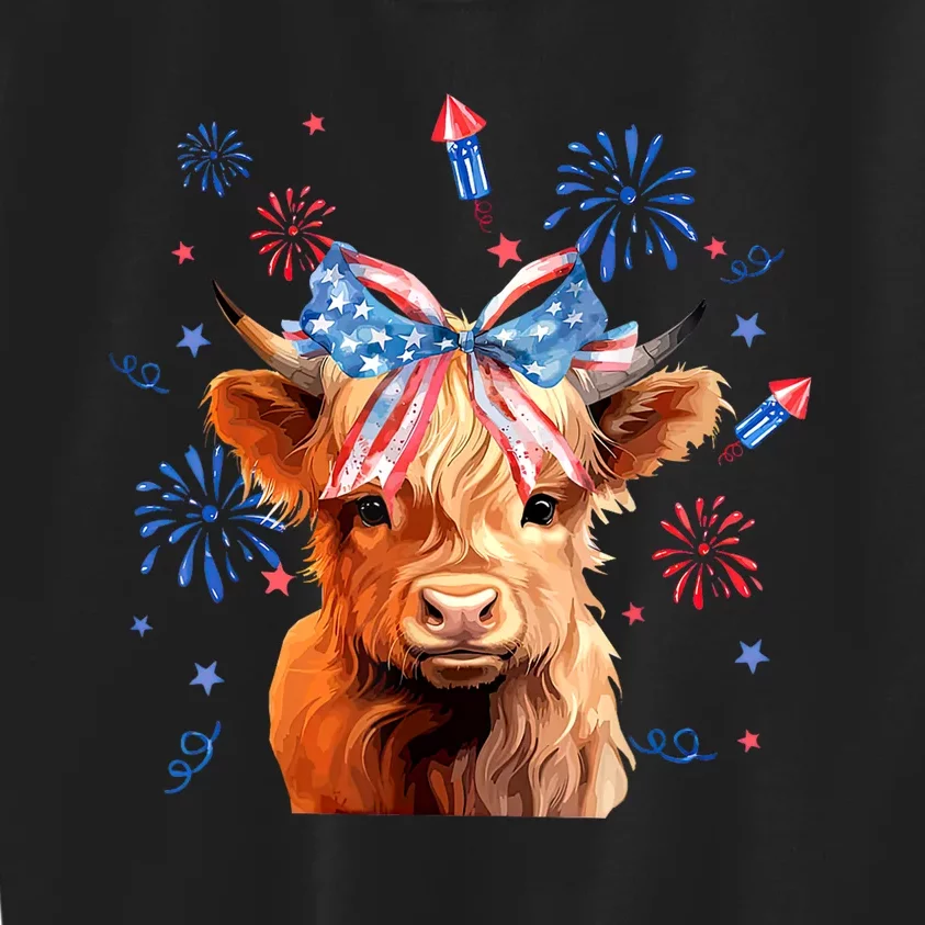 Patriotic Cute Animal Highland Cow 4th Of July America Flag Patriotic Cow Gift Kids Sweatshirt