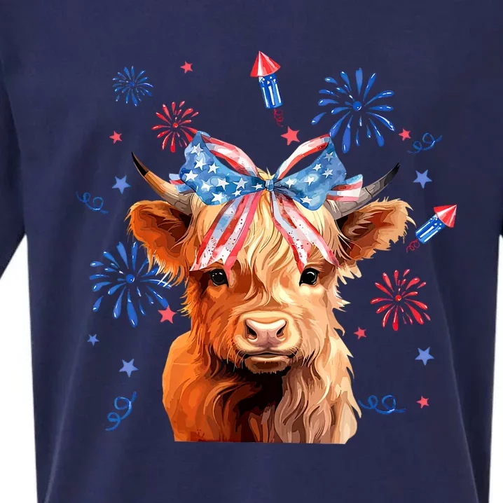 Patriotic Cute Animal Highland Cow 4th Of July America Flag Patriotic Cow Gift Sueded Cloud Jersey T-Shirt