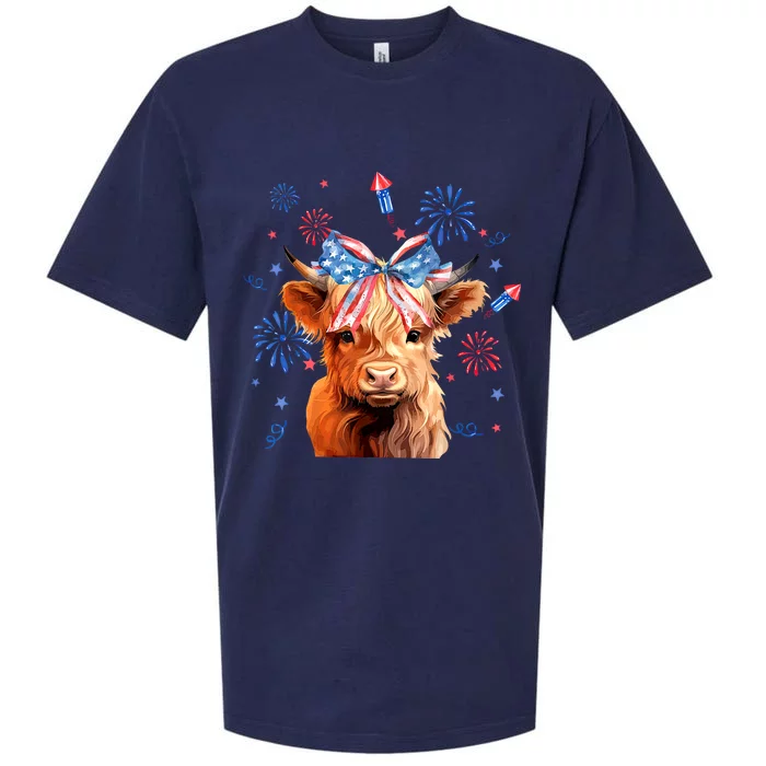 Patriotic Cute Animal Highland Cow 4th Of July America Flag Patriotic Cow Gift Sueded Cloud Jersey T-Shirt