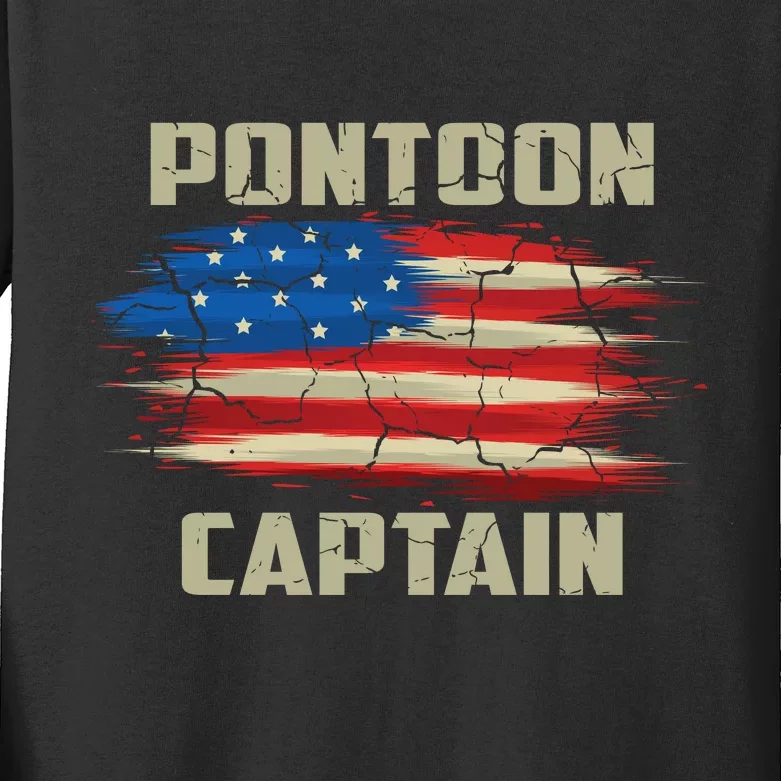 Pontoon Captain American Flag Pontooning Pontoon Boating Kids Long Sleeve Shirt