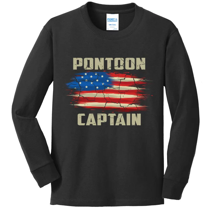 Pontoon Captain American Flag Pontooning Pontoon Boating Kids Long Sleeve Shirt