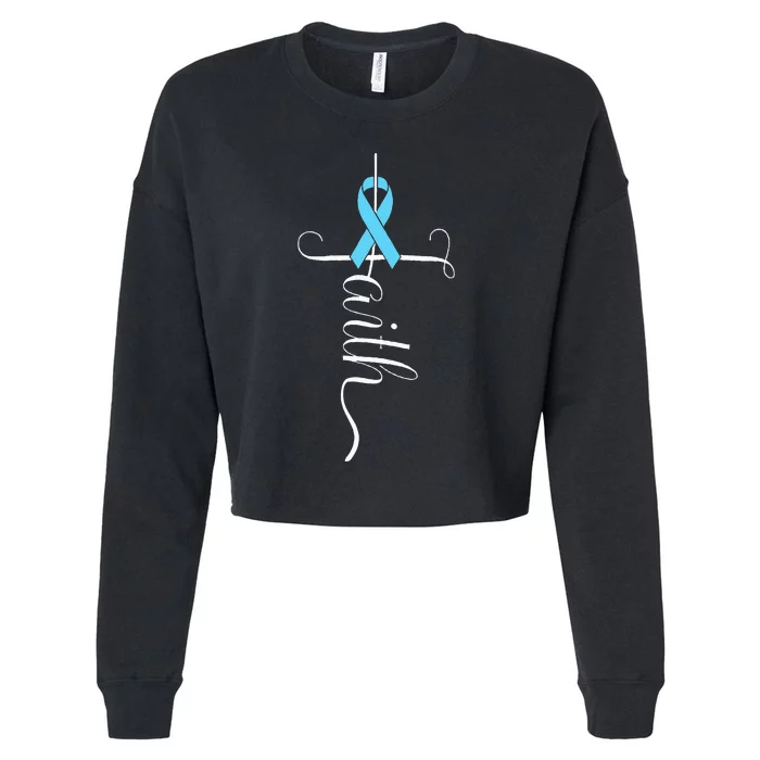 Prostate Cancer Awareness Light Blue Ribbon Faith Survivor Cropped Pullover Crew