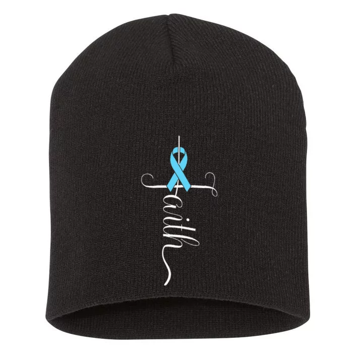 Prostate Cancer Awareness Light Blue Ribbon Faith Survivor Short Acrylic Beanie