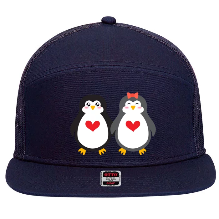 Penguin Couple Animal Valentine's Day Heart Gift 7 Panel Mesh Trucker Snapback Hat