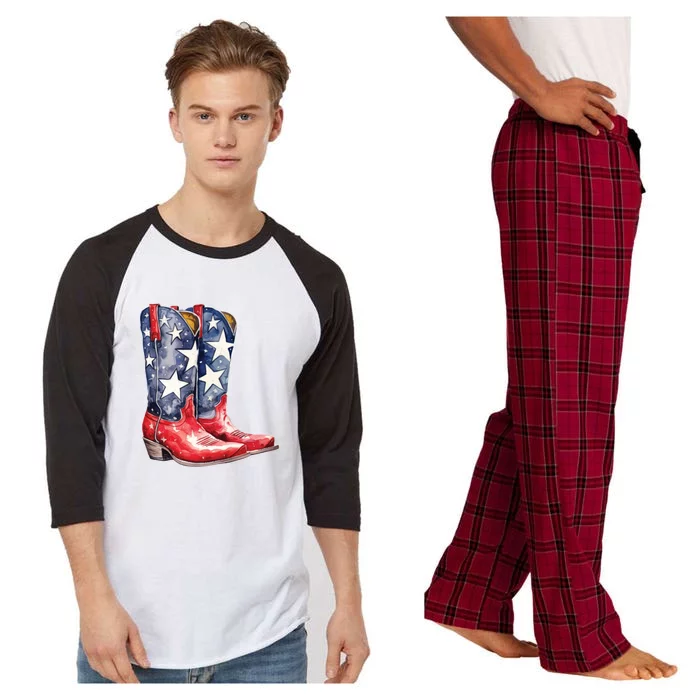 Cowboy Boots USA Flag Western Boot American Cowgirl Raglan Sleeve Pajama Set