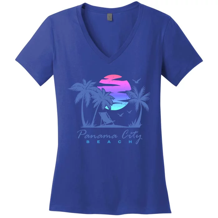 Panama City Beach Florida Vacation Trip Retro Vintage Sunset Gift Women's V-Neck T-Shirt