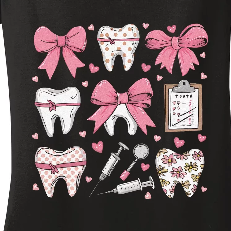 P.Ink Coquette Bow Cute Teeth Dentist Squad Dental Assistant Gift Women's V-Neck T-Shirt