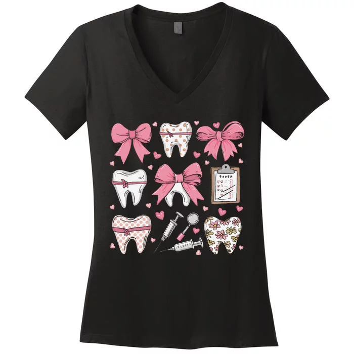 P.Ink Coquette Bow Cute Teeth Dentist Squad Dental Assistant Gift Women's V-Neck T-Shirt