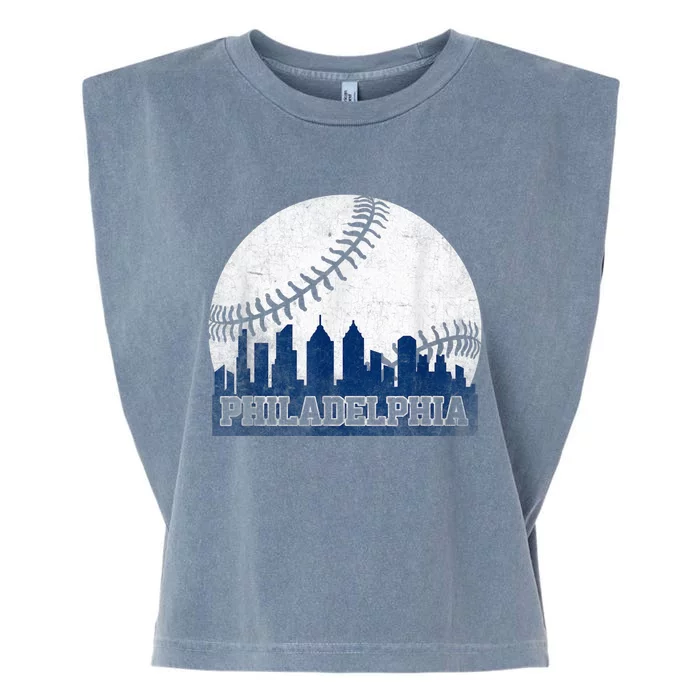 Philly Cityscape Baseball Philadelphia Skyline Retro Vintage Garment-Dyed Women's Muscle Tee