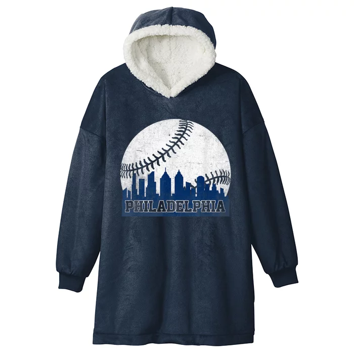 Philly Cityscape Baseball Philadelphia Skyline Retro Vintage Hooded Wearable Blanket