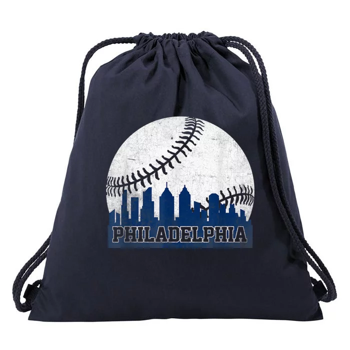 Philly Cityscape Baseball Philadelphia Skyline Retro Vintage Drawstring Bag