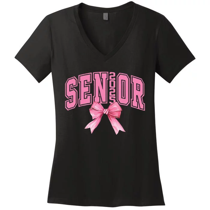 Pinkk Coquette Bow Senior 2025 Class Of 2025 Grad For Girl Gift Women's V-Neck T-Shirt